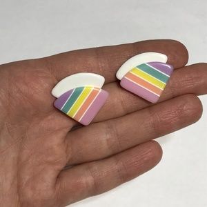 Vintage  Plastic Resin Rainbow Stud Earrings Fan Shaped Costume Earrings